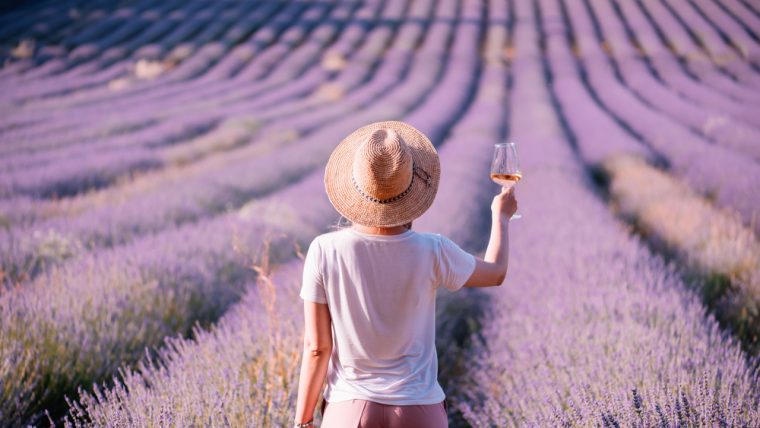 Person holding a glass of rosé in a lavender field in Provence