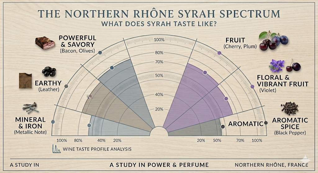 A scientific wine flavor spectrum chart detailing the tasting notes of Northern Rhône Syrah, divided into Muscle (savory, mineral, earthy) and Perfume (floral, aromatic fruit).