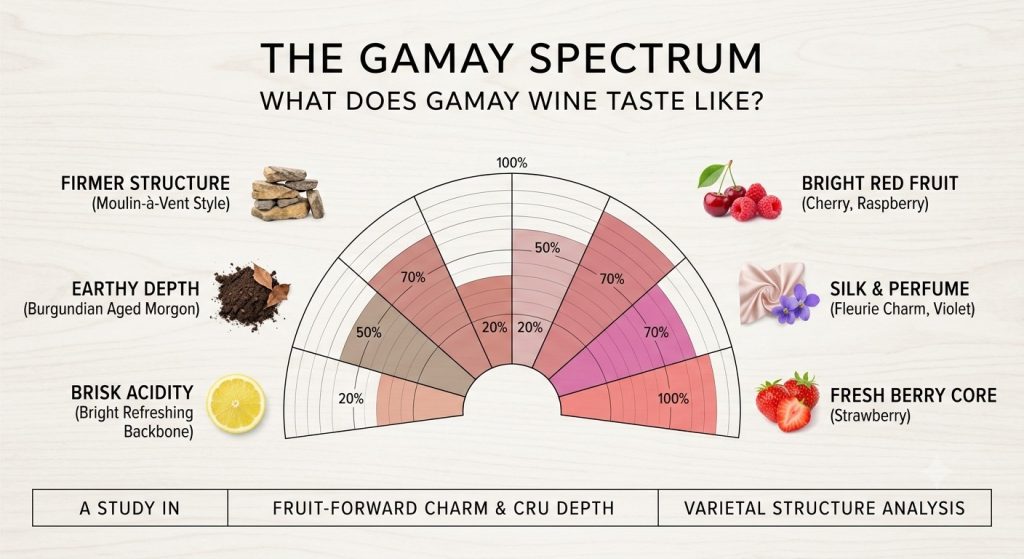 A scientific wine flavor spectrum chart infographic detailing the tasting notes of Gamay wine, contrasting its light, bright red cherry fruit and violet perfume against the earthy depth and firm structure of Cru Beaujolais.