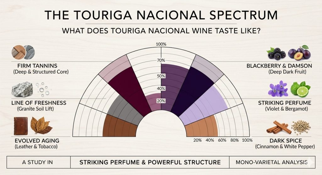 A scientific wine flavor spectrum chart infographic detailing the tasting notes of Touriga Nacional wine, showcasing its deep blackberry fruit, violet, and bergamot perfume contrasted against firm tannins, granite-soil freshness, and aged leather notes.