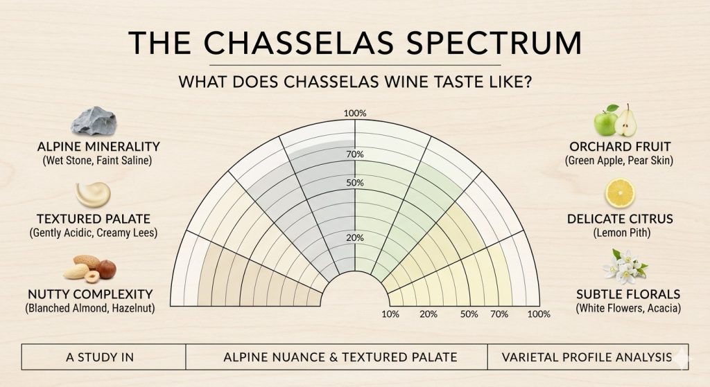 A scientific wine flavor spectrum chart infographic detailing the tasting notes of Chasselas wine, illustrating its subtle orchard fruits and delicate florals balanced by alpine wet stone minerality and a creamy, textured mouthfeel.