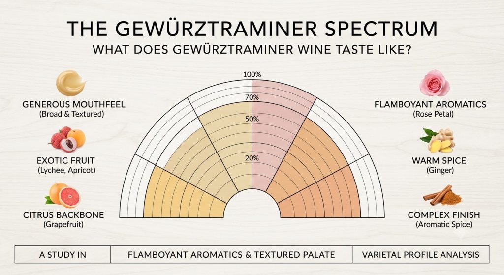 A scientific wine flavor spectrum chart infographic detailing the tasting notes of Gewürztraminer wine, contrasting its broad, textured mouthfeel and exotic fruits against its flamboyant floral rose petal and ginger spice aromatics.