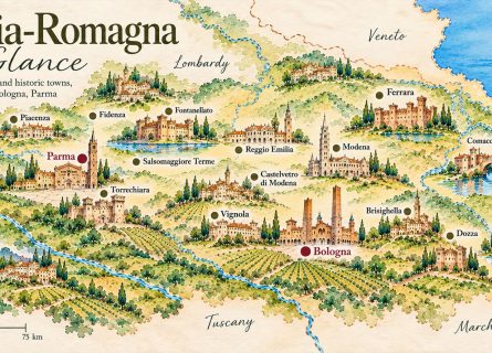 Illustrative map of Emilia Romagna created by Cellar Tours. Not to scale.