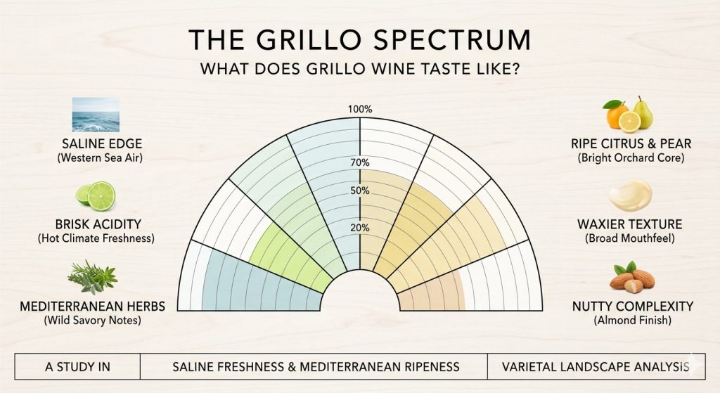 A scientific wine flavor spectrum chart infographic detailing the tasting notes of Grillo wine, highlighting its western Sicilian saline edge and brisk acidity balanced by a waxy texture, ripe citrus, pear, and almond notes.