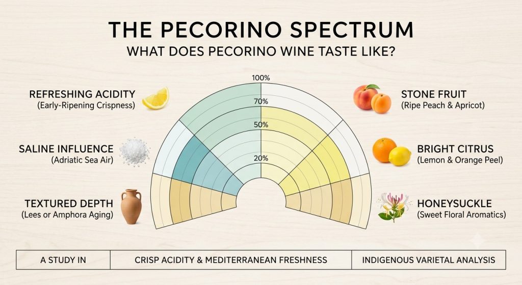 The Pecorino Spectrum: Visualizing the bright stone fruit, citrus peel, and beautiful alpine-to-coastal freshness of Marche's hero white grape.