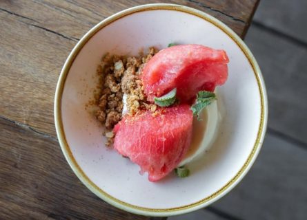 Juegos de Apalta: Watermelons served with a coconut-lime sorbet and a toasted-flour crumble.