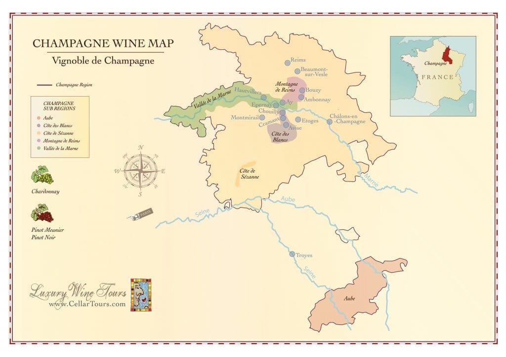 Mapa de la región del vino de Champagne