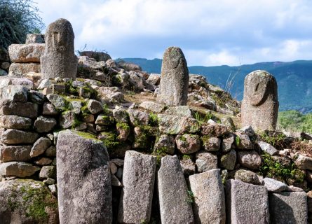 Menhirs with a human face carved on the megalithic site of Filitosai, southern Corsica, France