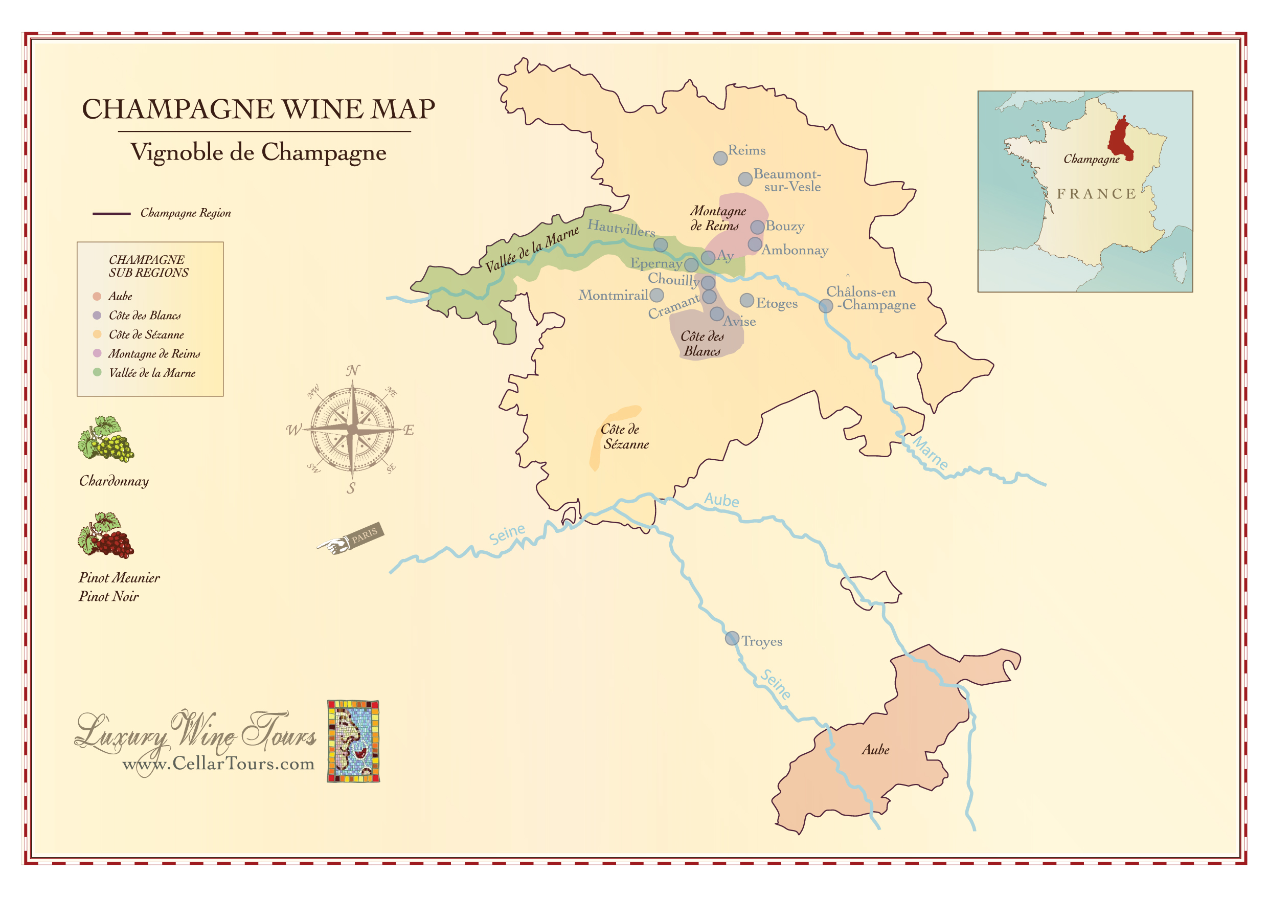 Map of the Marne River Valley, Champagne Vineyards in France - Wine map