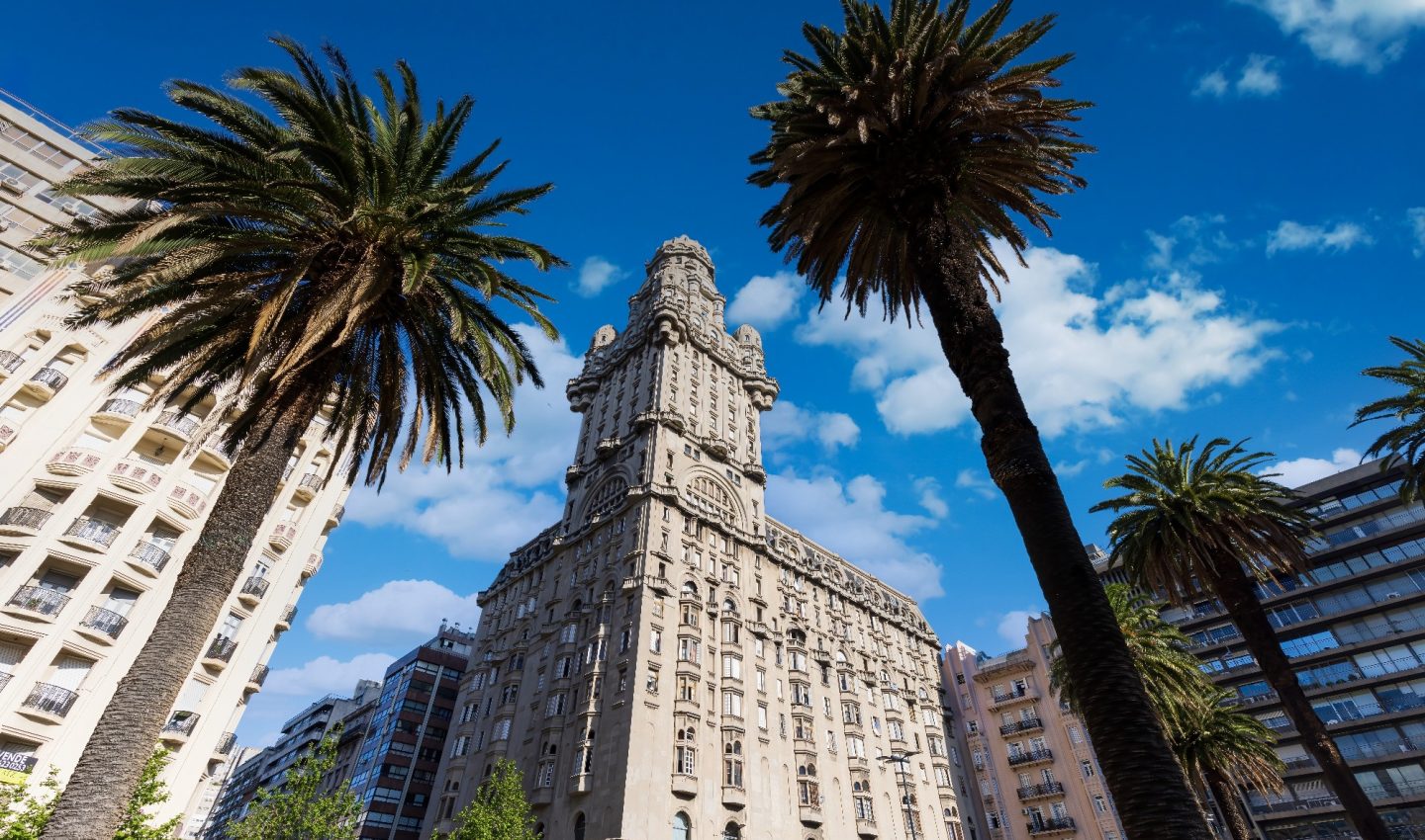 Historic symbolic heart of Montevideo with Artigas monument and gateway.
